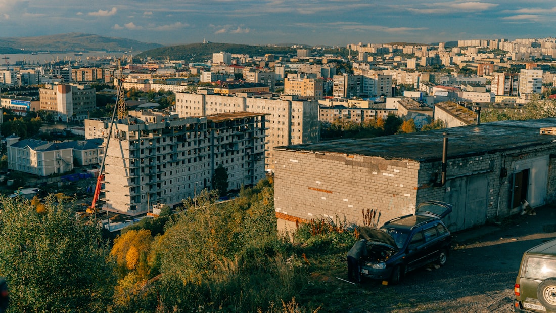 Cityscape with apartment buildings and a highway